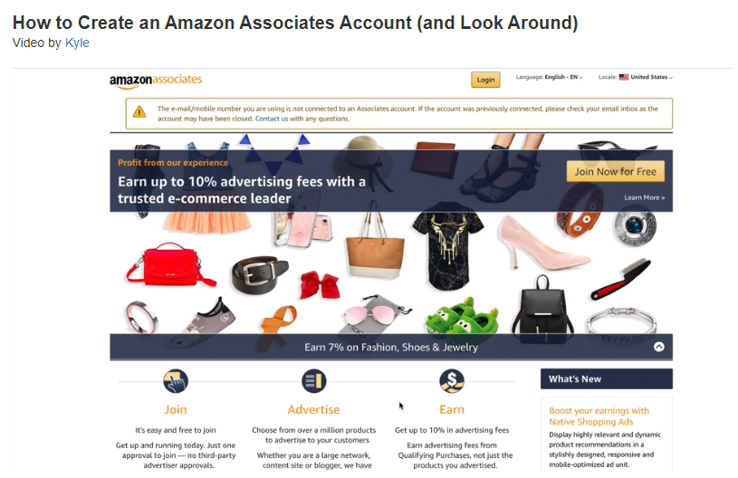 Screenshot of a video training on how to set up an Amazon Associates account