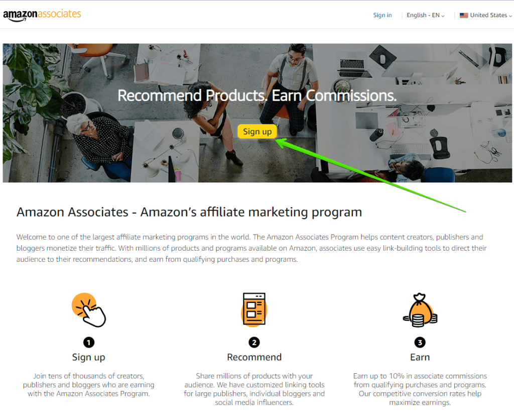 Amazon Affiliate - Amazon Associates sign up page