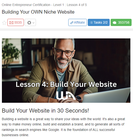 image of training screen on how to build a niche website at Wealthy Affiliate