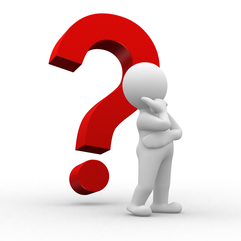 frequently asked questions - cartoon character leaning on a big red question mark.