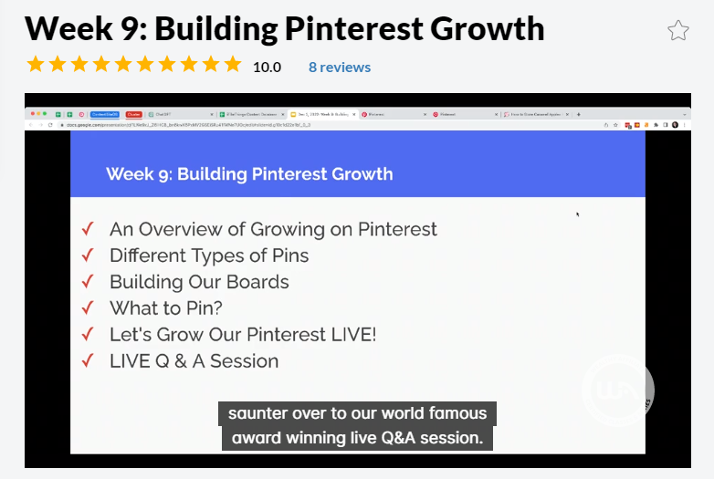 Screenshot of a video training on building and growing a Pinterest Account