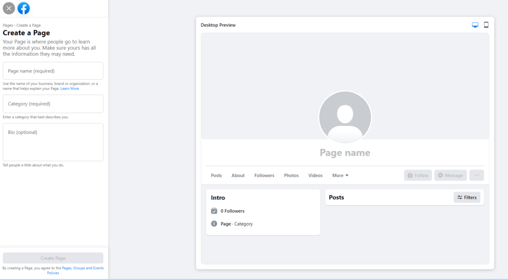 Create a facebook page example