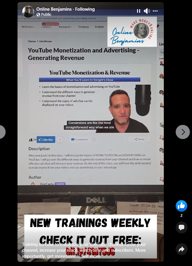 Facebook reel with a video excerpt of a wealthy affiliate live training session on YouTube content creation