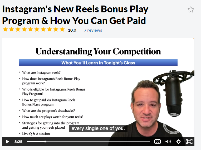 Screenshot of a video training session on how to make money with Instagram reels.