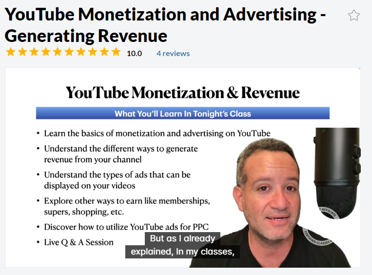 Wealthy Affiliate training on YouTube ads for monetization