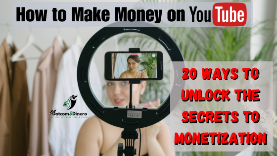 make money on YouTube featured image - Young lady at her desk filming herself with her smart phone creating a YouTube video