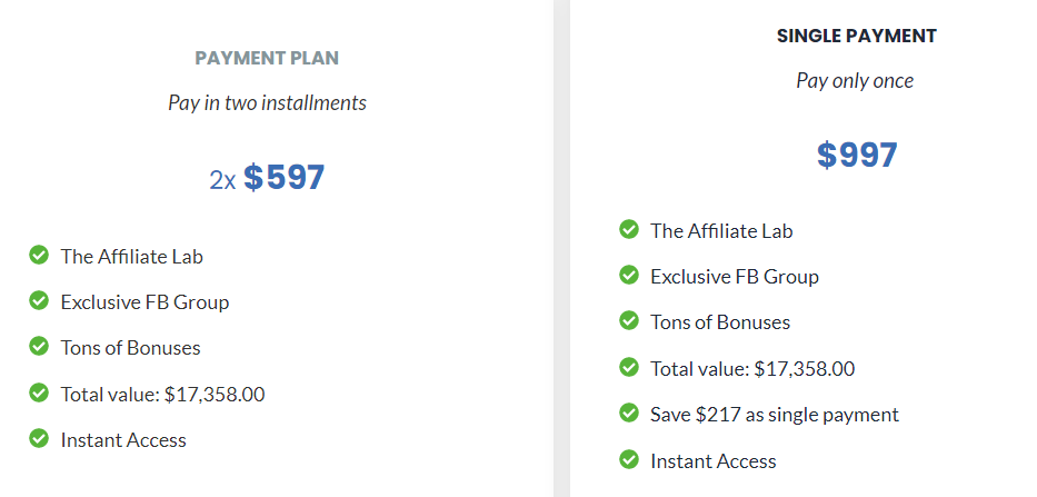 Pricing Schedule fo the Affiliate Lab by Matt Diggity