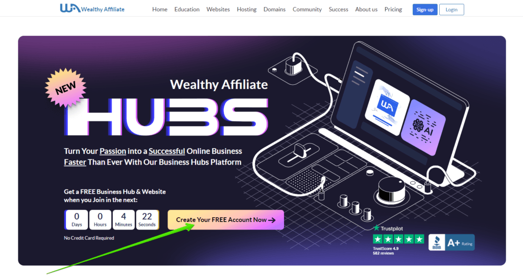 Wealthy Affiliate HUBS welcome and sign up screen