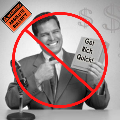 old black and white photo of a spokesman holding a book titled "Get Rich Quick" photo has circle with line through it indicating not get rich quick