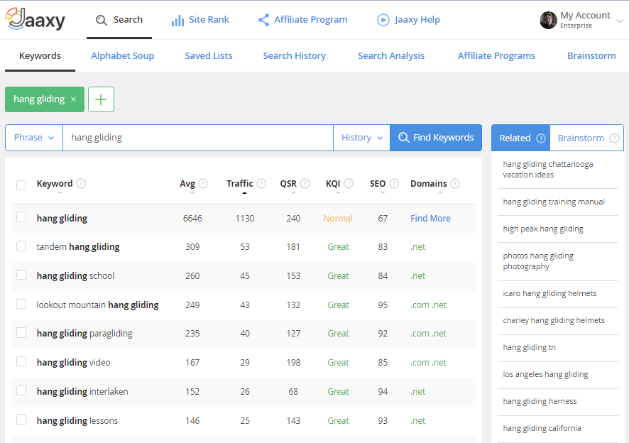 Jaaxy Keyword Research tool using Hang Gliding as an example for a keyword search