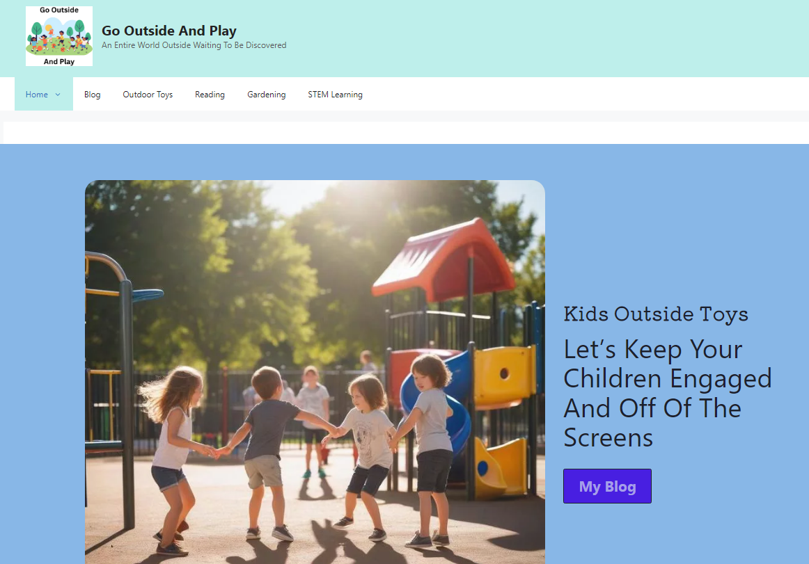 home page screenshot of kidsoutsidetoys.com website